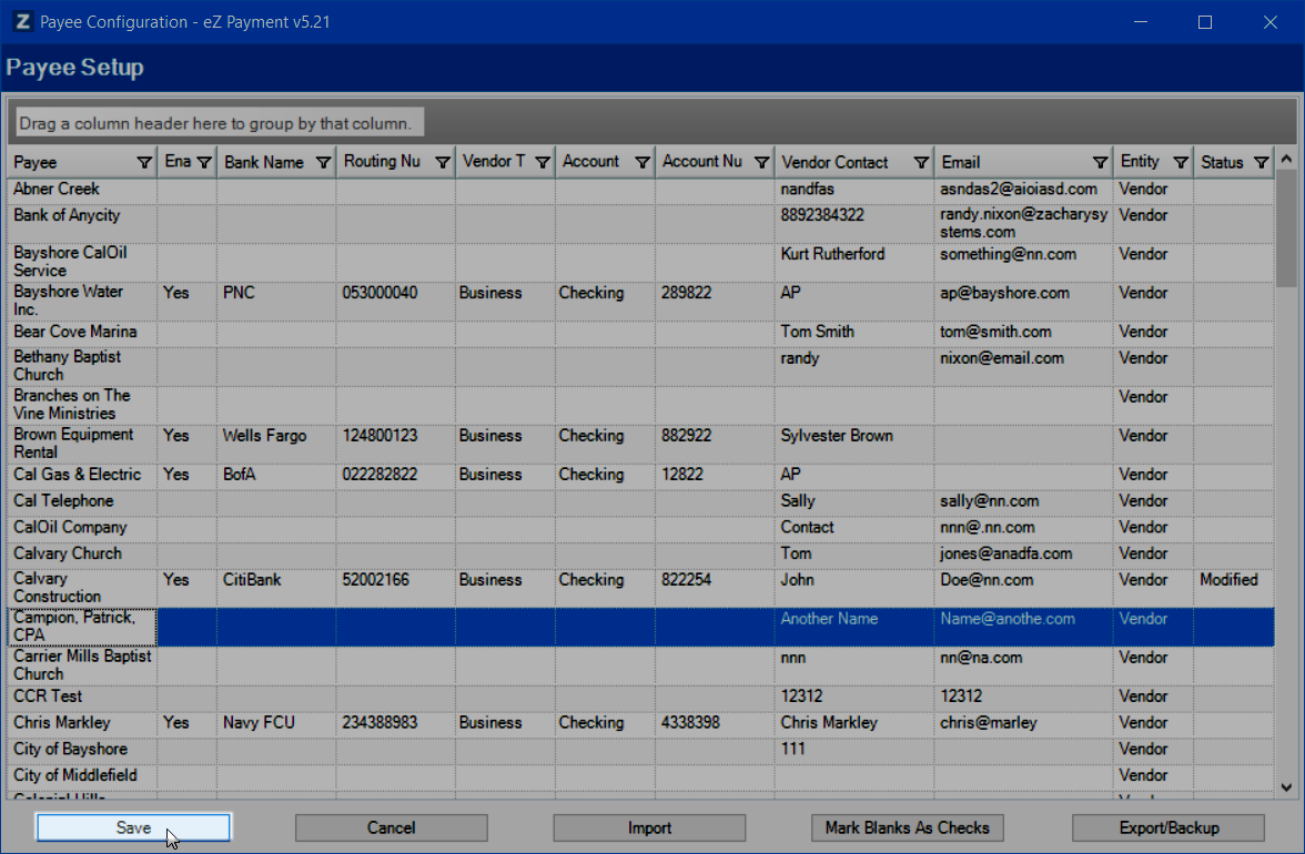 Save Payee Configu Changes